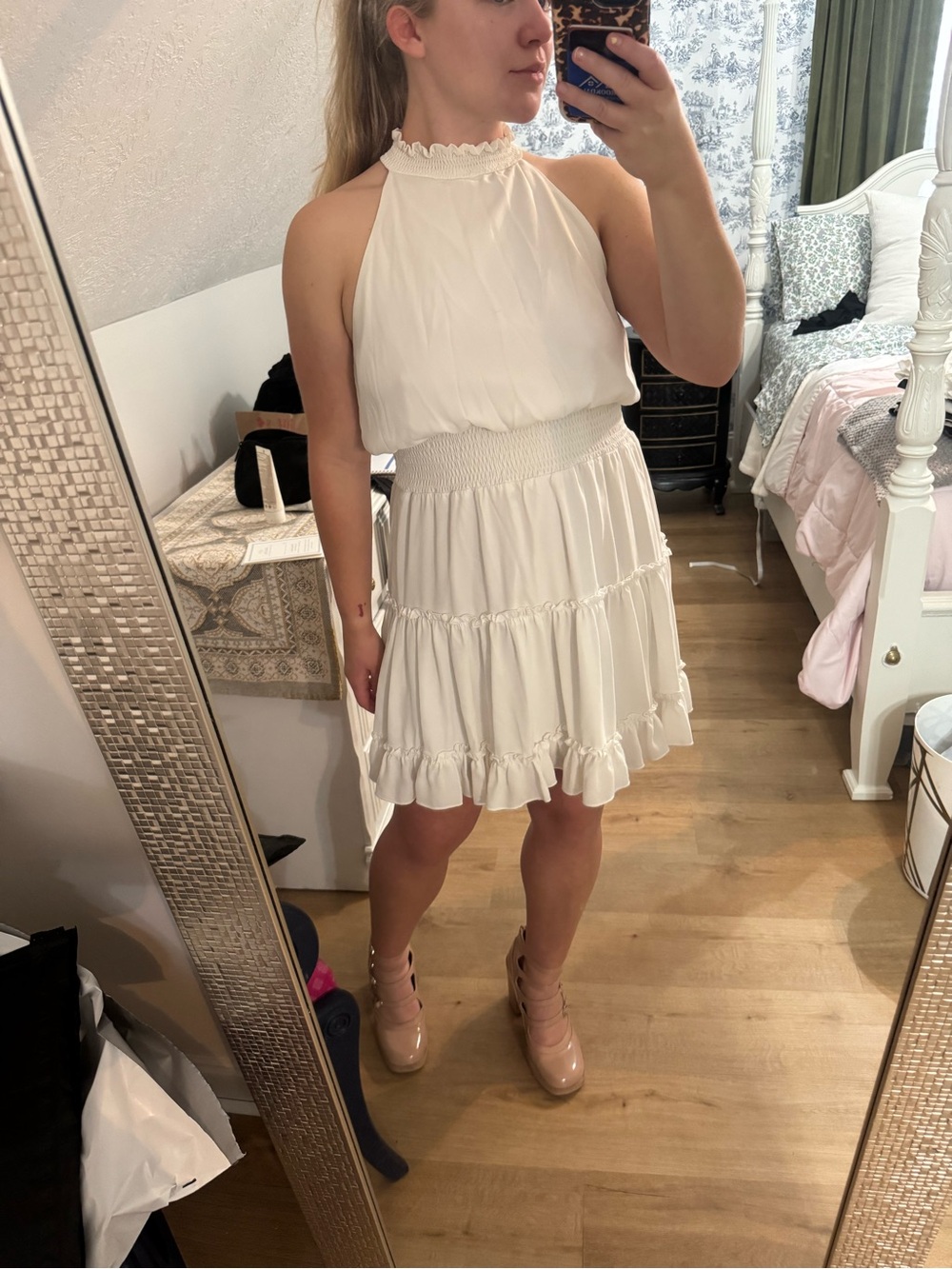 White High- Neck Ruffle Mini Dress